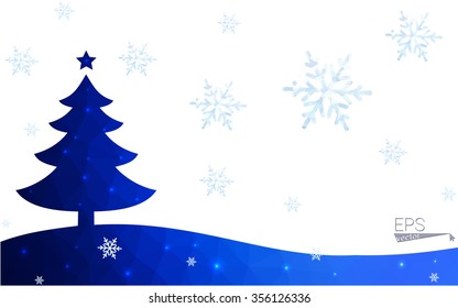 Blue postcard low polygon style christmas tree vector illustration consisting of triangles.Abstract triangular polygonal origami or crystal design of New Years celebration.Isolated on white background