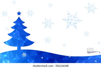 Blue postcard low polygon style christmas tree vector illustration consisting of triangles.Abstract triangular polygonal origami or crystal design of New Years celebration.Isolated on white background