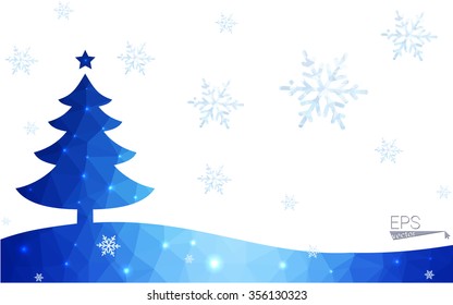 Blue postcard low polygon style christmas tree vector illustration consisting of triangles.Abstract triangular polygonal origami or crystal design of New Years celebration.Isolated on white background