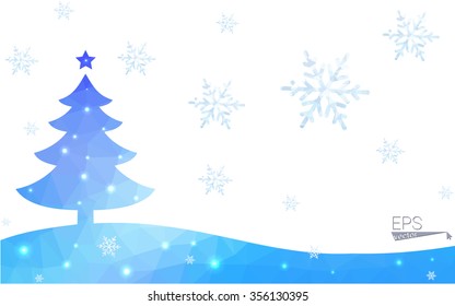 Blue postcard low polygon style christmas tree vector illustration consisting of triangles.Abstract triangular polygonal origami or crystal design of New Years celebration.Isolated on white background