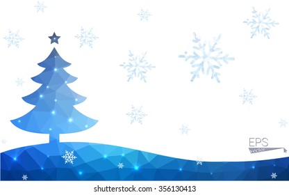 Blue postcard low polygon style christmas tree vector illustration consisting of triangles.Abstract triangular polygonal origami or crystal design of New Years celebration.Isolated on white background