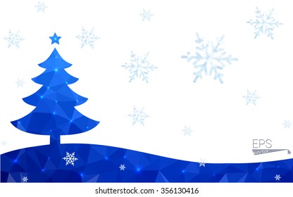 Blue postcard low polygon style christmas tree vector illustration consisting of triangles.Abstract triangular polygonal origami or crystal design of New Years celebration.Isolated on white background
