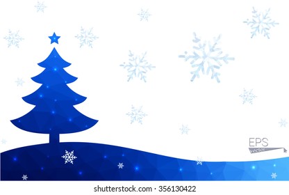 Blue postcard low polygon style christmas tree vector illustration consisting of triangles.Abstract triangular polygonal origami or crystal design of New Years celebration.Isolated on white background