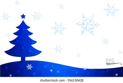 Blue postcard low polygon style christmas tree vector illustration consisting of triangles.Abstract triangular polygonal origami or crystal design of New Years celebration.Isolated on white background
