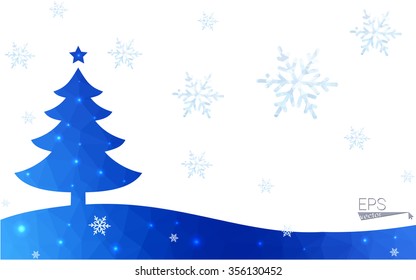 Blue postcard low polygon style christmas tree vector illustration consisting of triangles.Abstract triangular polygonal origami or crystal design of New Years celebration.Isolated on white background