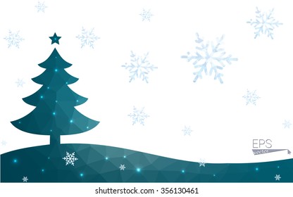 Blue postcard low polygon style christmas tree vector illustration consisting of triangles.Abstract triangular polygonal origami or crystal design of New Years celebration.Isolated on white background