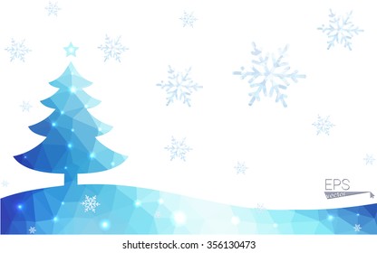 Blue postcard low polygon style christmas tree vector illustration consisting of triangles.Abstract triangular polygonal origami or crystal design of New Years celebration.Isolated on white background