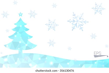 Blue postcard low polygon style christmas tree vector illustration consisting of triangles.Abstract triangular polygonal origami or crystal design of New Years celebration.Isolated on white background