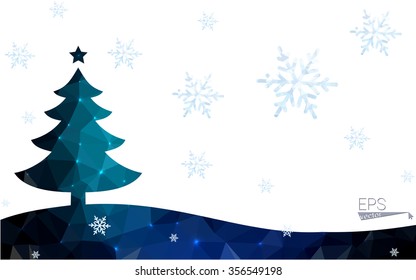 Blue postcard low polygon style christmas tree vector illustration consisting of triangles.Abstract triangular polygonal origami or crystal design of New Years celebration.Isolated on white background