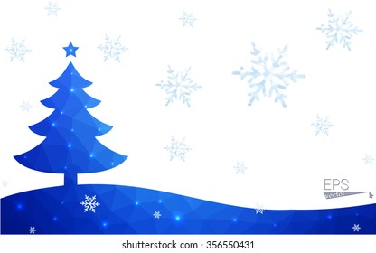 Blue postcard low polygon style christmas tree vector illustration consisting of triangles.Abstract triangular polygonal origami or crystal design of New Years celebration.Isolated on white background