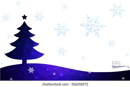 Blue postcard low polygon style christmas tree vector illustration consisting of triangles.Abstract triangular polygonal origami or crystal design of New Years celebration.Isolated on white background