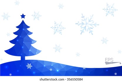 Blue postcard low polygon style christmas tree vector illustration consisting of triangles.Abstract triangular polygonal origami or crystal design of New Years celebration.Isolated on white background