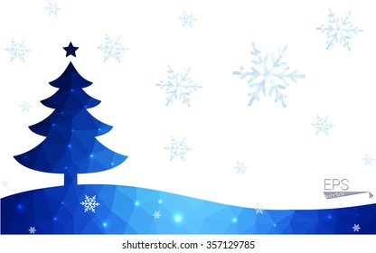 Blue postcard low polygon style christmas tree vector illustration consisting of triangles.Abstract triangular polygonal origami or crystal design of New Years celebration.Isolated on white background