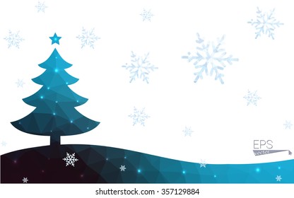 Blue postcard low polygon style christmas tree vector illustration consisting of triangles.Abstract triangular polygonal origami or crystal design of New Years celebration.Isolated on white background
