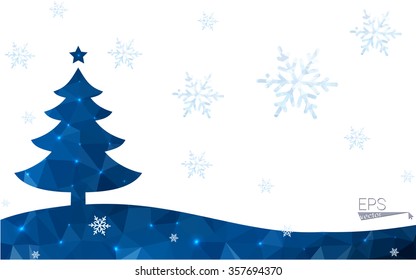 Blue postcard low polygon style christmas tree vector illustration consisting of triangles.Abstract triangular polygonal origami or crystal design of New Years celebration.Isolated on white background
