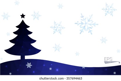 Blue postcard low polygon style christmas tree vector illustration consisting of triangles.Abstract triangular polygonal origami or crystal design of New Years celebration.Isolated on white background