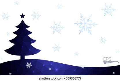 Blue postcard low polygon style christmas tree vector illustration consisting of triangles. Abstract triangular polygonal origami or crystal design of New Years celebration. Isolated on white background