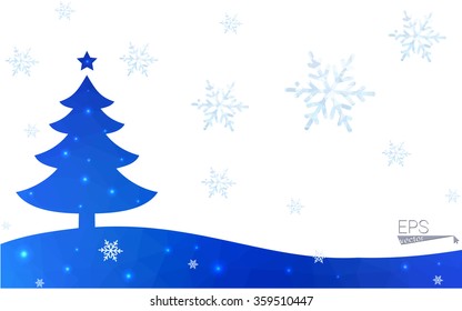 Blue postcard low polygon style christmas tree vector illustration consisting of triangles. Abstract triangular polygonal origami or crystal design of New Years celebration. Isolated on white background