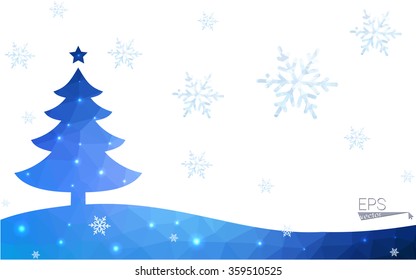 Blue postcard low polygon style christmas tree vector illustration consisting of triangles. Abstract triangular polygonal origami or crystal design of New Years celebration. Isolated on white background