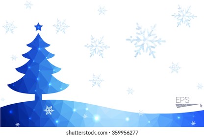 Blue postcard low polygon style christmas tree vector illustration consisting of triangles.Abstract triangular polygonal origami or crystal design of New Years celebration.Isolated on white background
