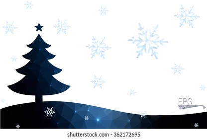 Blue postcard low polygon style christmas tree vector illustration consisting of triangles.Abstract triangular polygonal origami or crystal design of New Years celebration.Isolated on white background