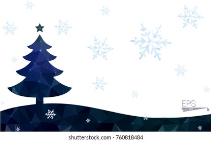 Blue postcard low polygon style christmas tree vector illustration consisting of triangles.Abstract triangular polygonal origami or crystal design of New Years celebration.Isolated on white background