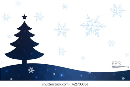 Blue postcard low polygon style christmas tree vector illustration consisting of triangles.Abstract triangular polygonal origami or crystal design of New Years celebration.Isolated on white background