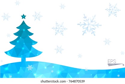 Blue postcard low polygon style christmas tree vector illustration consisting of triangles.Abstract triangular polygonal origami or crystal design of New Years celebration.Isolated on white background