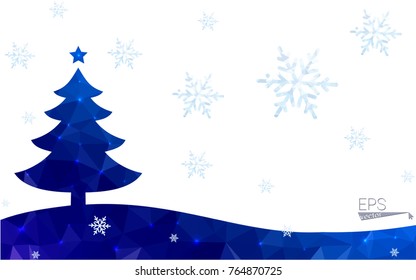 Blue postcard low polygon style christmas tree vector illustration consisting of triangles.Abstract triangular polygonal origami or crystal design of New Years celebration.Isolated on white background