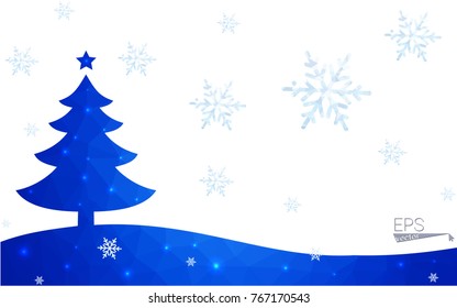 Blue postcard low polygon style christmas tree vector illustration consisting of triangles.Abstract triangular polygonal origami or crystal design of New Years celebration.Isolated on white background
