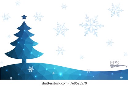 Blue postcard low polygon style christmas tree vector illustration consisting of triangles.Abstract triangular polygonal origami or crystal design of New Years celebration.Isolated on white background