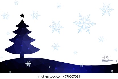 Blue postcard low polygon style christmas tree vector illustration consisting of triangles.Abstract triangular polygonal origami or crystal design of New Years celebration.Isolated on white background