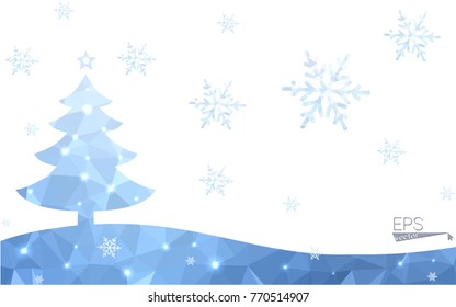 Blue postcard low polygon style christmas tree vector illustration consisting of triangles.Abstract triangular polygonal origami or crystal design of New Years celebration.Isolated on white background