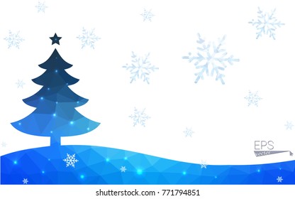 Blue postcard low polygon style christmas tree vector illustration consisting of triangles.Abstract triangular polygonal origami or crystal design of New Years celebration.Isolated on white background