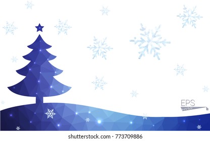 Blue postcard low polygon style christmas tree vector illustration consisting of triangles.Abstract triangular polygonal origami or crystal design of New Years celebration.Isolated on white background