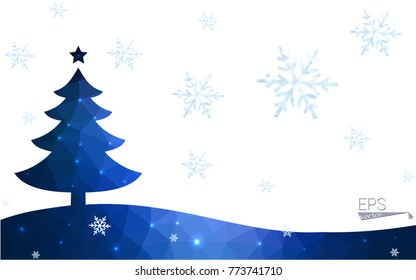 Blue postcard low polygon style christmas tree vector illustration consisting of triangles.Abstract triangular polygonal origami or crystal design of New Years celebration.Isolated on white background