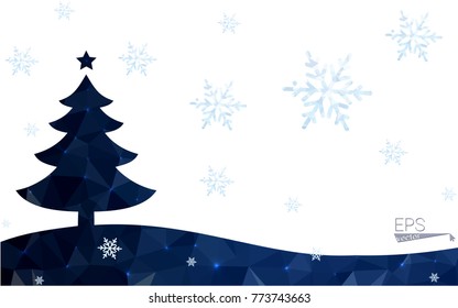 Blue postcard low polygon style christmas tree vector illustration consisting of triangles.Abstract triangular polygonal origami or crystal design of New Years celebration.Isolated on white background