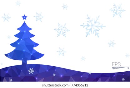 Blue postcard low polygon style christmas tree vector illustration consisting of triangles.Abstract triangular polygonal origami or crystal design of New Years celebration.Isolated on white background