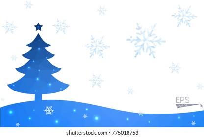 Blue postcard low polygon style christmas tree vector illustration consisting of triangles.Abstract triangular polygonal origami or crystal design of New Years celebration.Isolated on white background