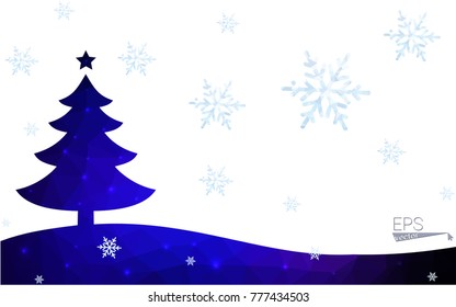Blue postcard low polygon style christmas tree vector illustration consisting of triangles.Abstract triangular polygonal origami or crystal design of New Years celebration.Isolated on white background