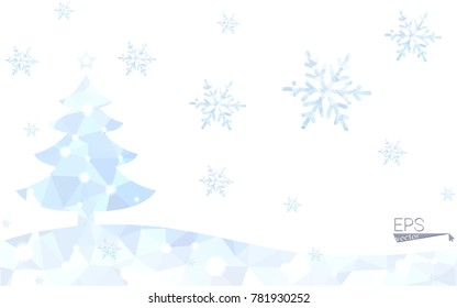 Blue postcard low polygon style christmas tree vector illustration consisting of triangles.Abstract triangular polygonal origami or crystal design of New Years celebration.Isolated on white background