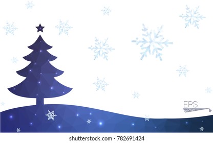 Blue postcard low polygon style christmas tree vector illustration consisting of triangles.Abstract triangular polygonal origami or crystal design of New Years celebration.Isolated on white background
