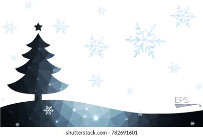 Blue postcard low polygon style christmas tree vector illustration consisting of triangles.Abstract triangular polygonal origami or crystal design of New Years celebration.Isolated on white background