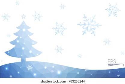Blue postcard low polygon style christmas tree vector illustration consisting of triangles.Abstract triangular polygonal origami or crystal design of New Years celebration.Isolated on white background