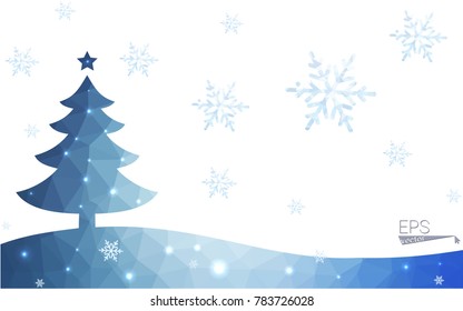 Blue postcard low polygon style christmas tree vector illustration consisting of triangles.Abstract triangular polygonal origami or crystal design of New Years celebration.Isolated on white background