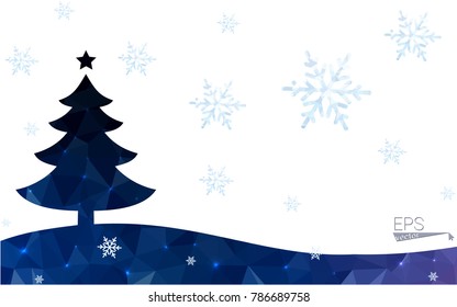Blue postcard low polygon style christmas tree vector illustration consisting of triangles.Abstract triangular polygonal origami or crystal design of New Years celebration.Isolated on white background