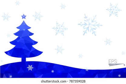 Blue postcard low polygon style christmas tree vector illustration consisting of triangles.Abstract triangular polygonal origami or crystal design of New Years celebration.Isolated on white background