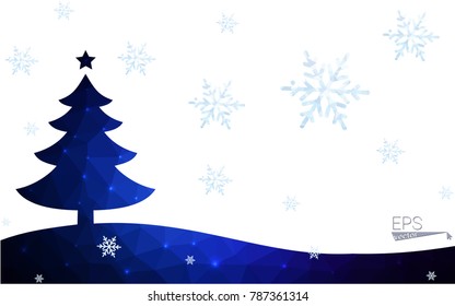 Blue postcard low polygon style christmas tree vector illustration consisting of triangles.Abstract triangular polygonal origami or crystal design of New Years celebration.Isolated on white background