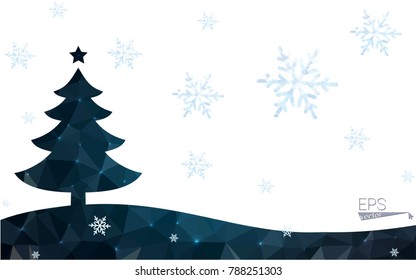 Blue postcard low polygon style christmas tree vector illustration consisting of triangles.Abstract triangular polygonal origami or crystal design of New Years celebration.Isolated on white background