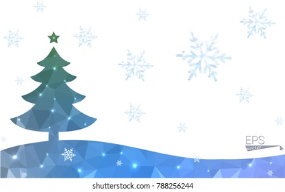 Blue postcard low polygon style christmas tree vector illustration consisting of triangles.Abstract triangular polygonal origami or crystal design of New Years celebration.Isolated on white background